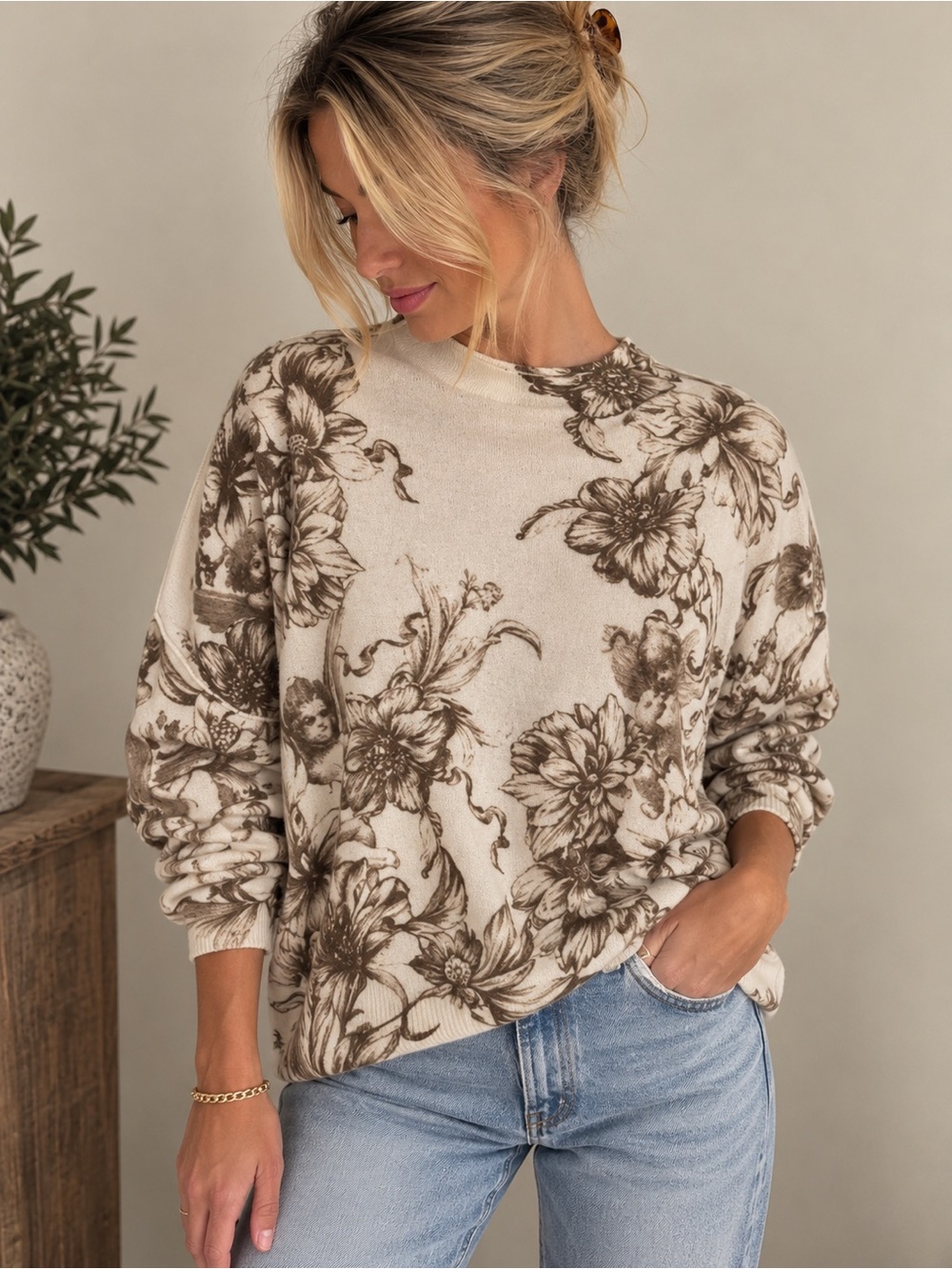 Anthropologie Pilcro Alani 100% Cashmere Floral Cherub Toile Sweater